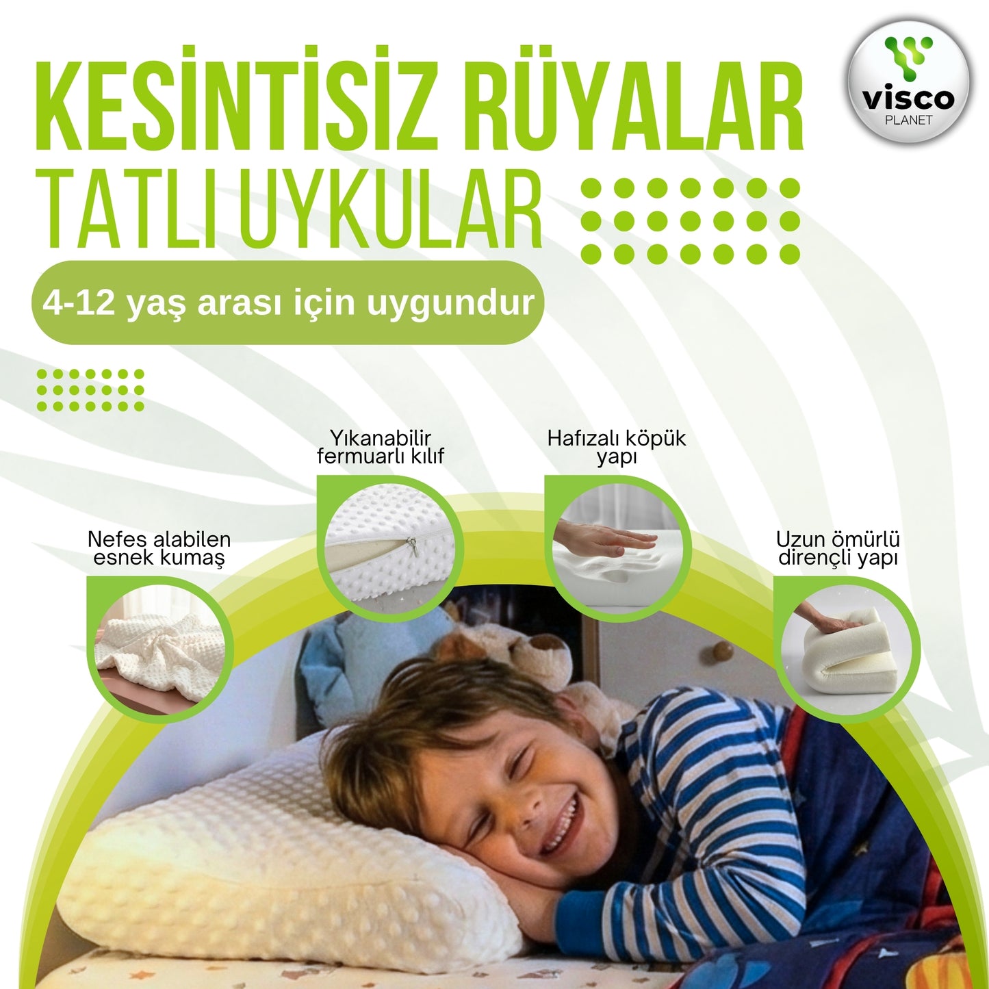 Çocuk Ortopedik Yastık – Hafızalı Sünger Nefes Alabilen Uyku Yastığı (4-12 Yaş)